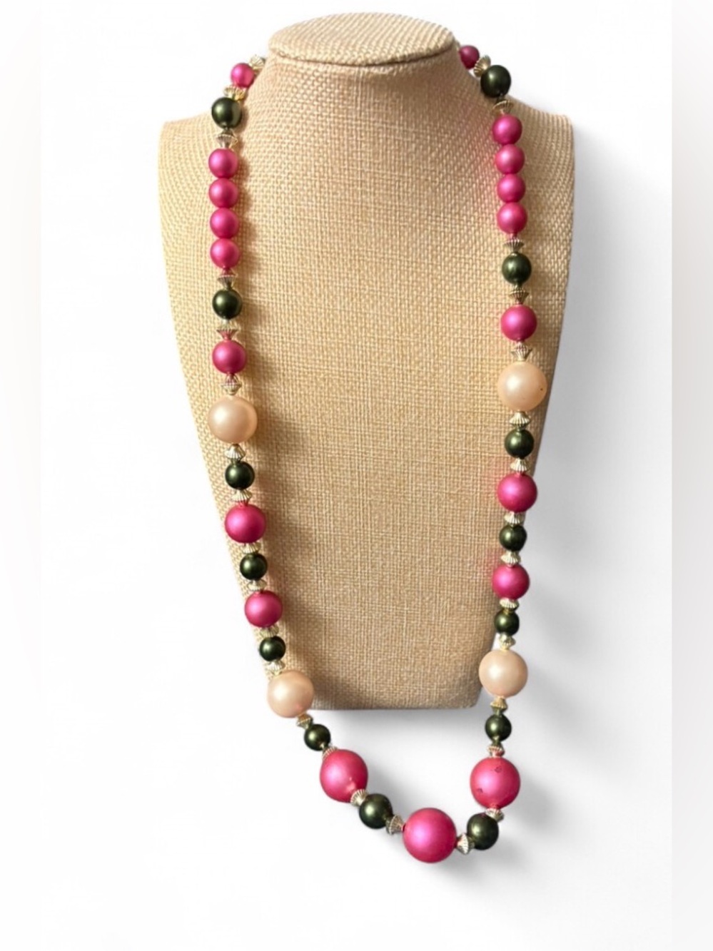 VTG Retro Pink Green Pearl Chunky Statement Necklace Box Clasp